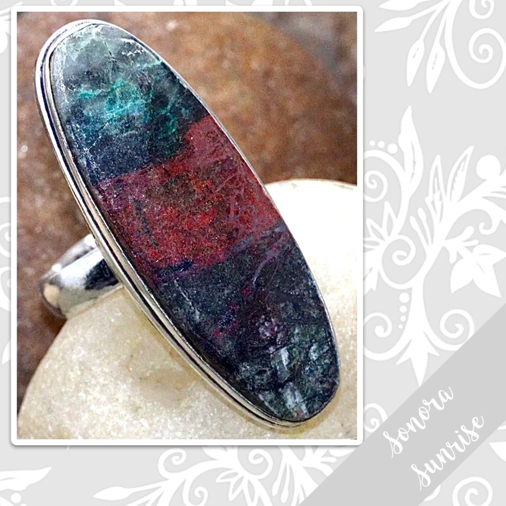 Sonora Sunrise Eclectic Silver Artisan Ring, 8 Teal Green, Red, Burgundy, Black